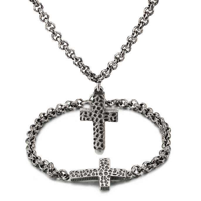 Unisex Cross Pendant Necklace Bracelet Set,China Wholesale 316L Stainless Steel Jewelry