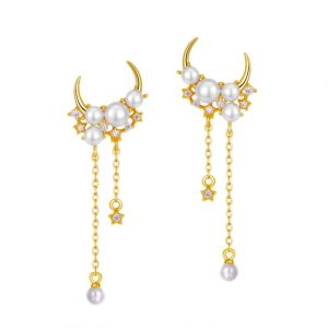0.3 Micron Gold-plated Silver Pearls Moon Earrings