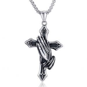 Unisex Steel Prayer Hand Cross Pendant Necklace