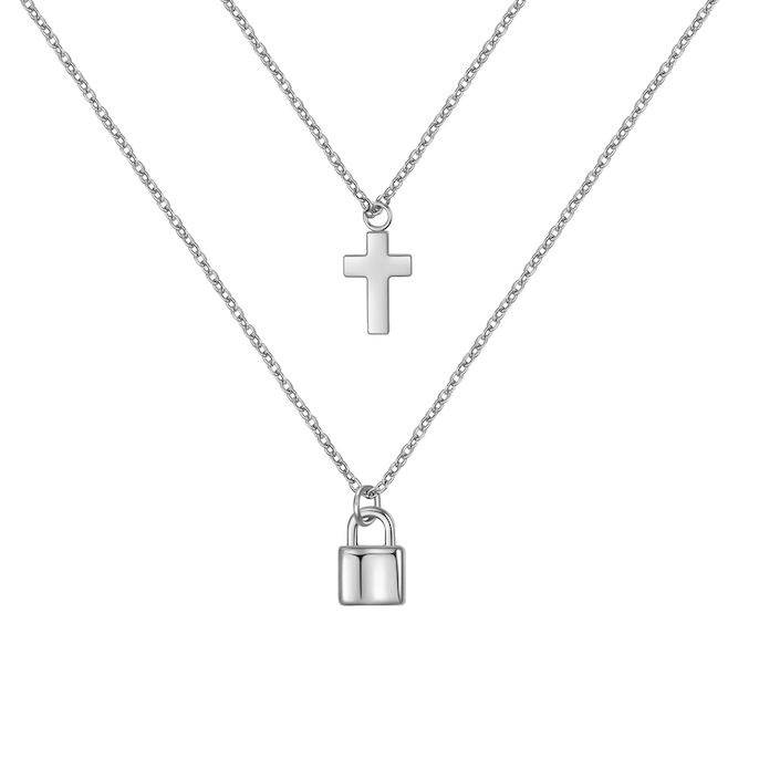 2-layers Titanium Steel Chains Cross Lock Necklace
