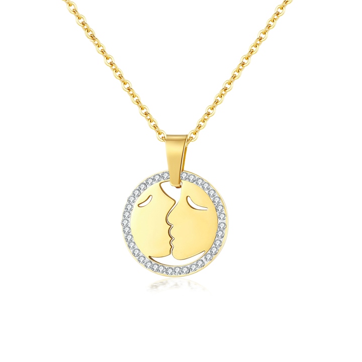 Stainless Steel CZ Couple Faces Necklace